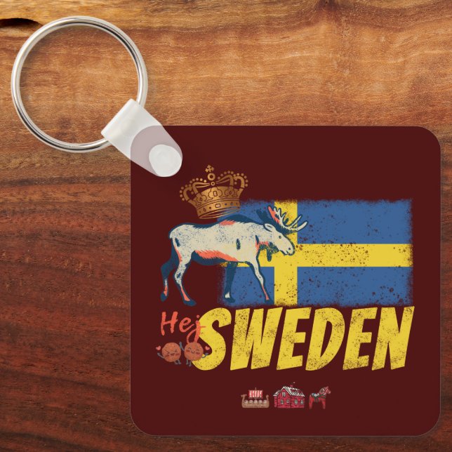 Sverige Vintage Flagga Retro Moose Helgdag Souveni Nyckelring (Framsida)