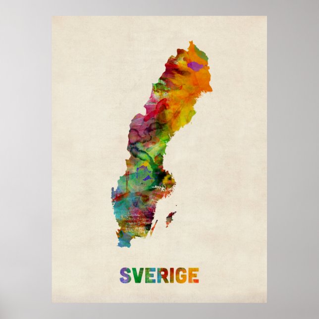 Sverige Watercolor Karta Poster (Framsidan)