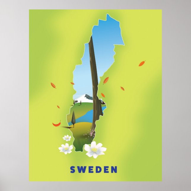 Sverigekarta illustrerad reseaffisch. poster (Framsidan)