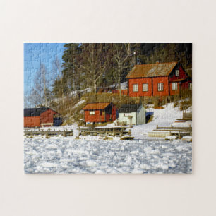 Sveriges landskap på vintern med snö - fryst hav pussel