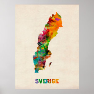 Sverigevattenfärgkarta Poster