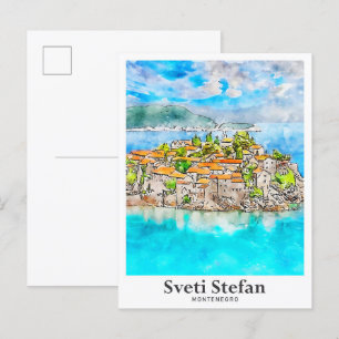 Sveti Stefan Montenegro Travel Watercolor Vykort