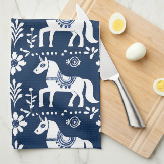 Svettdala häst folkart mönster blue white kökshandduk