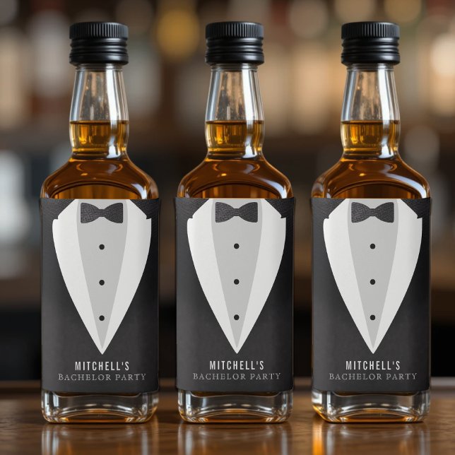 Svitfest med svart kostym och fluga spritflaskor etikett (Bachelor Party Black Suit & Bowtie Liquor Bottle Label
)