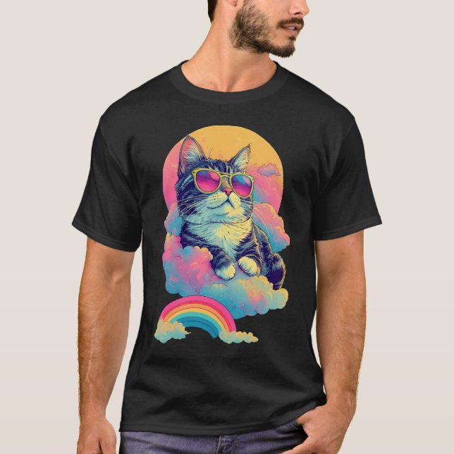 Swag Cat Retro Chill Cat med Rainbow Aura T Shirt (Framsida)