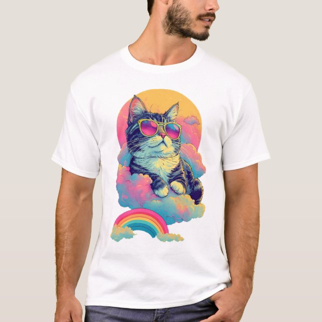 Swag Cat Retro Chill Cat med Rainbow Aura T Shirt (Framsida)
