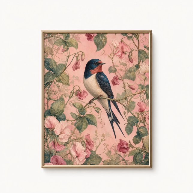 Swallow Sweet Pea Chinoiserie Poster (Swallow Sweet Pea Wall Art Poster - close-up view (frame/decor not included))