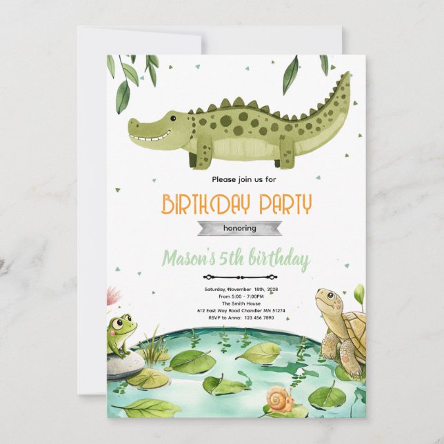 Swamp reptiles birthday party invitation inbjudningar (Framsida)
