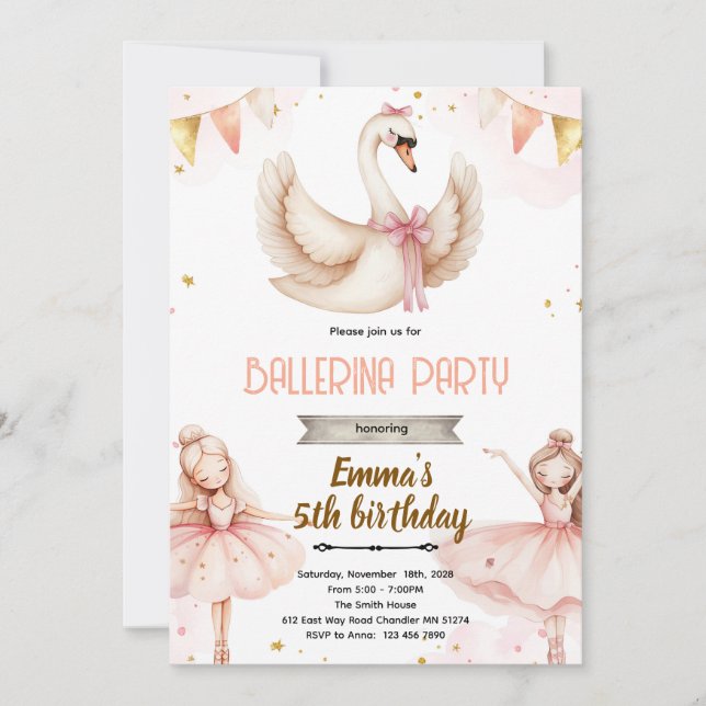 Swan Ballet birthday Theme invitation Inbjudningar (Framsida)