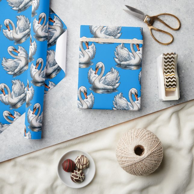 Swan Birds Pattern Design On Blue  Presentpapper (Hantverk)