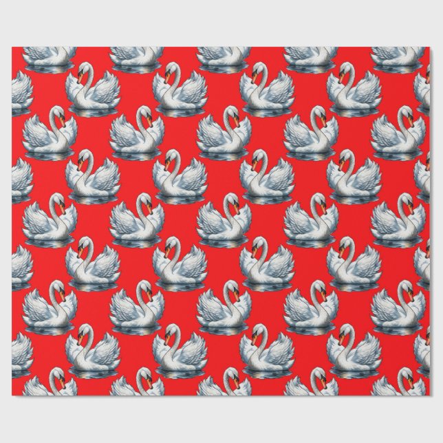Swan Birds Pattern Design on Red Presentpapper (Platt)