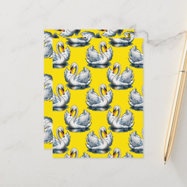 Swan Birds Pattern Design On Yellow  Vykort (Fram/Back In Situ)