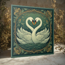 Swan Couple Art Nouveau Forest Green Wall Accent Kakelplatta