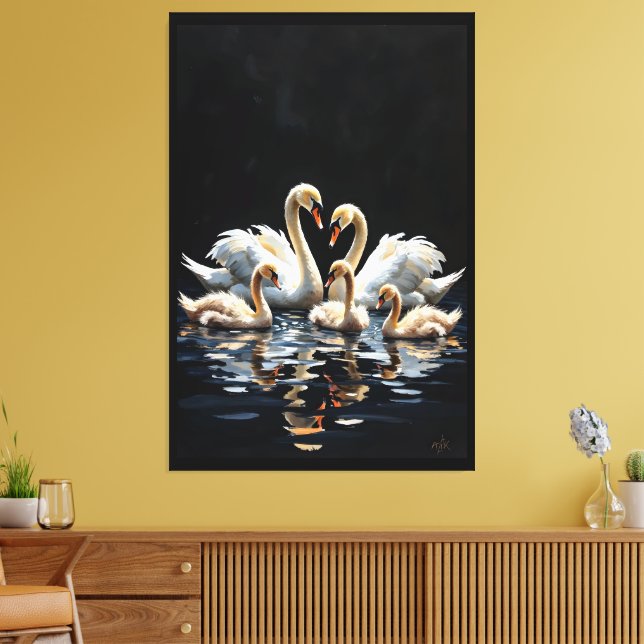 Swan Family on Black Lake Artwork Canvastryck (Insitu (Vardagsrum))
