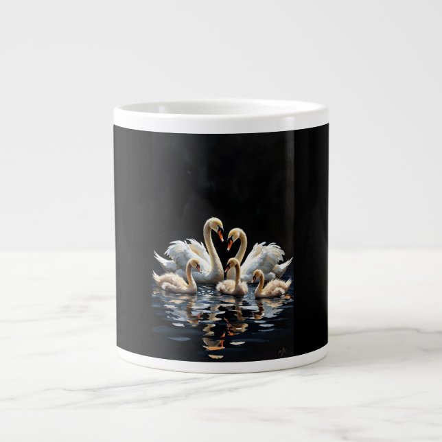 Swan Family on Black Lake Artwork Jumbo Mugg (Framsidan)