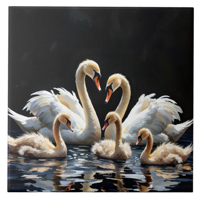 Swan Family on Black Lake Artwork Kakelplatta (Framsidan)