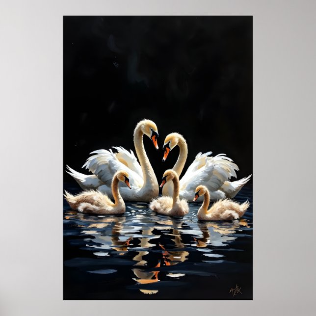 Swan Family on Black Lake Artwork Poster (Framsidan)