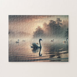 Swan Foggy Lake Sunrise Tranquil Nature Pussel