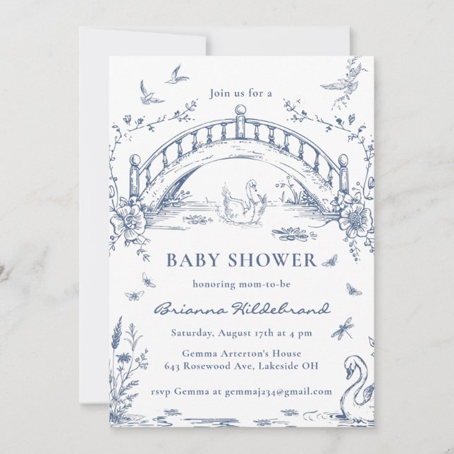 Swan Lake Toile Chinoiserie Baby Shower Invitation Inbjudningar (Framsida)