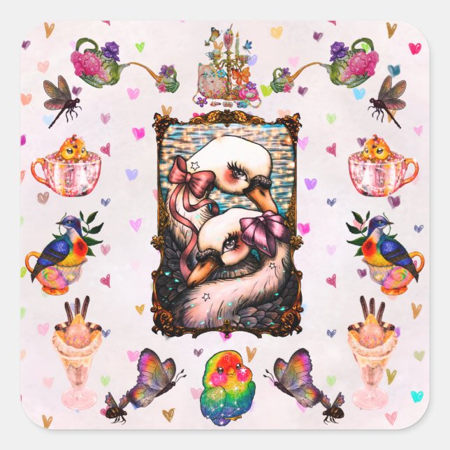 Swan Lovers Fyrkantigt Klistermärke (Framsida)