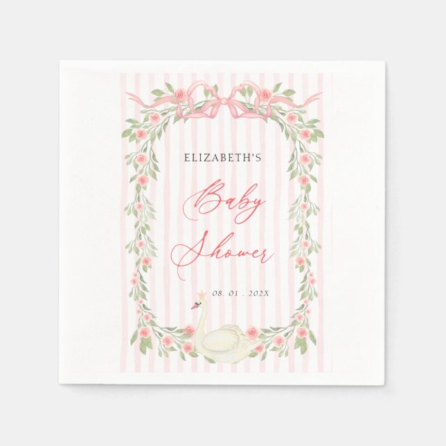 Swan Pink Bow Floral Baby Shower Pappersservett (Framsidan)