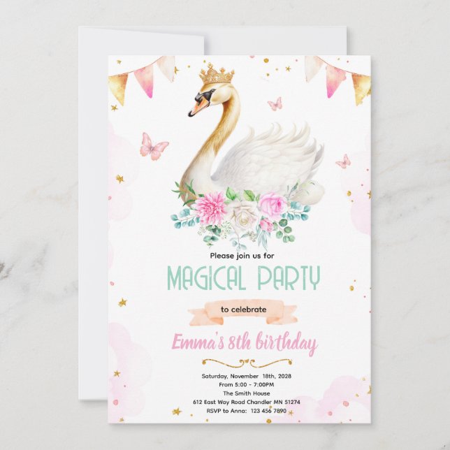 Swan princess party invitation inbjudningar (Framsida)