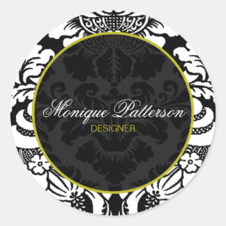 Swanky Sage Black Damask Chic Round Sticker Runt Klistermärke