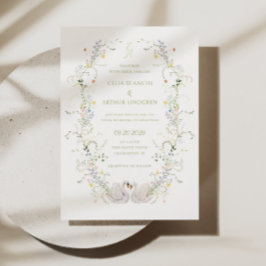 Swans Floral Frame Monogram Wedding Inbjudningar