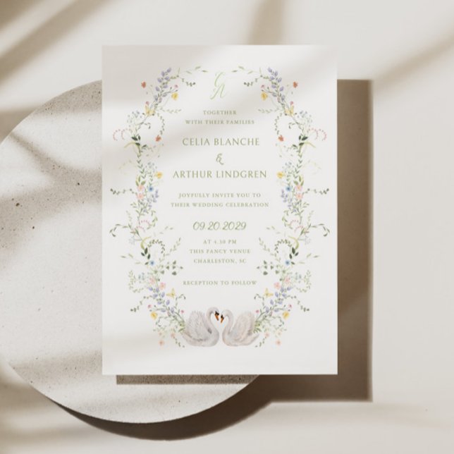 Swans Floral Frame Monogram Wedding  Inbjudningar (Skapare uppladdad)
