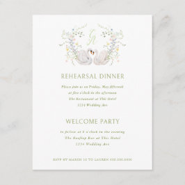 Swans Floral Monogram Crest Rehearsal Dinner Inbjudningar