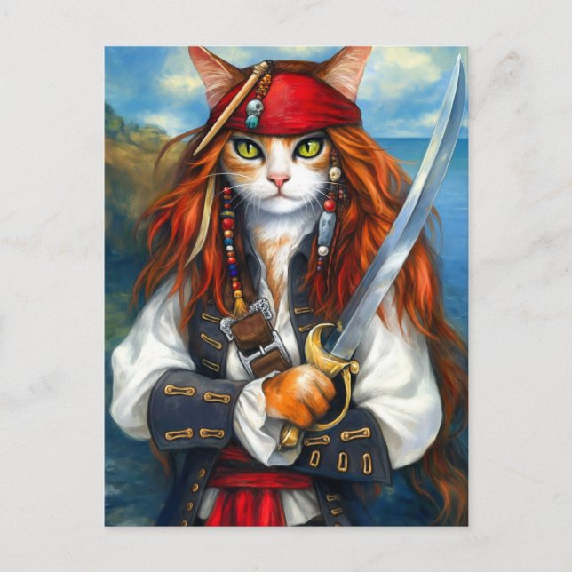 Swashbuckler Pirat Cat | Fantasy Character Art Vykort (Framsida)
