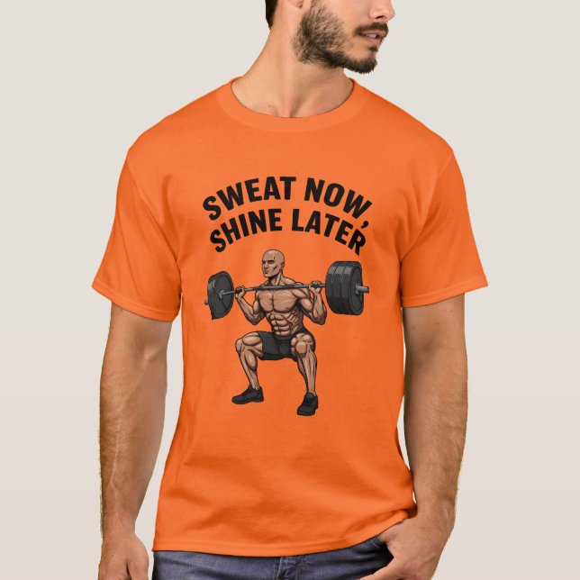 Sweat Now Shine Senare Barbell Squat Motivation T Shirt (Framsida)
