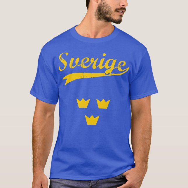 Sweden, Sverige, 3 crowns and text, blue t-shirt (Framsida)