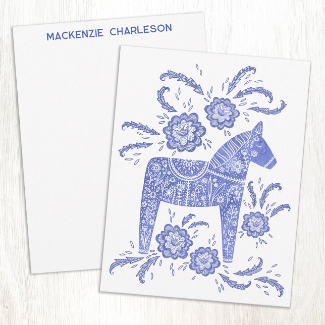 Swedish Dala Horse Blue and White Personalized Anteckningskort (Personalized custom name or text Swedish Dala Horse blue and white folk art notecards)
