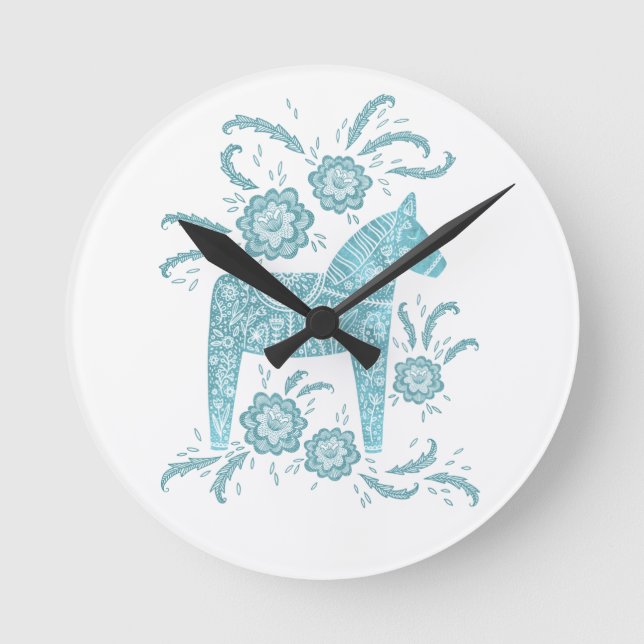 Swedish Dala Horse Teal and White Round Clock Rund Klocka (Framsida)