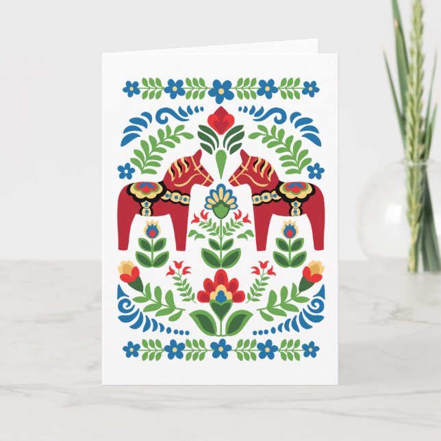 Swedish Dala Horses Red Greeting Card Kort (Framsida)