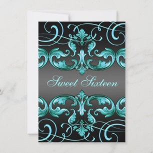 Sweet16 Black/Blue Damask & Tiara Birthday Inbjuda Inbjudningar