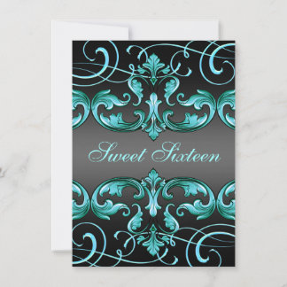 Sweet16 Black/Blue Damask & Tiara Birthday Inbjuda Inbjudningar
