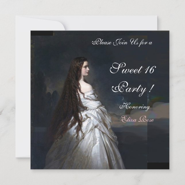 SWEET16 FEST, RÖD, SVART OCH VIT DAMASK INBJUDNINGAR (Framsida)