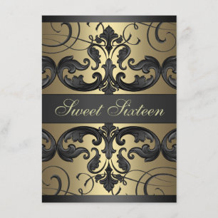 Sweet16 Guld/Svart Damask & Tiara Födelsedagsinbju Inbjudningar