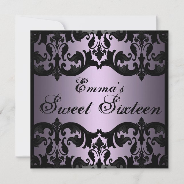 Sweet16 Lila Elegant Damask Birthday Inbjudan (Framsida)