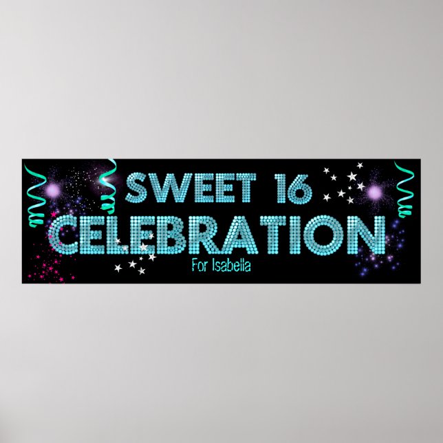 Sweet 16 Banner Affisch Teal Blå (Framsidan)