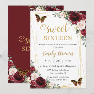 Sweet 16 Birthday Burgundy Blommigt Butterfly Inbjudningar