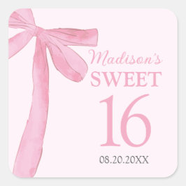 Sweet 16 Birthday Coquette Pink Bow Personalized  Fyrkantigt Klistermärke