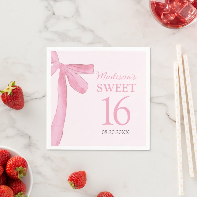 Sweet 16 Birthday Coquette Pink Bow Personalized  Pappersservett (Insitu)