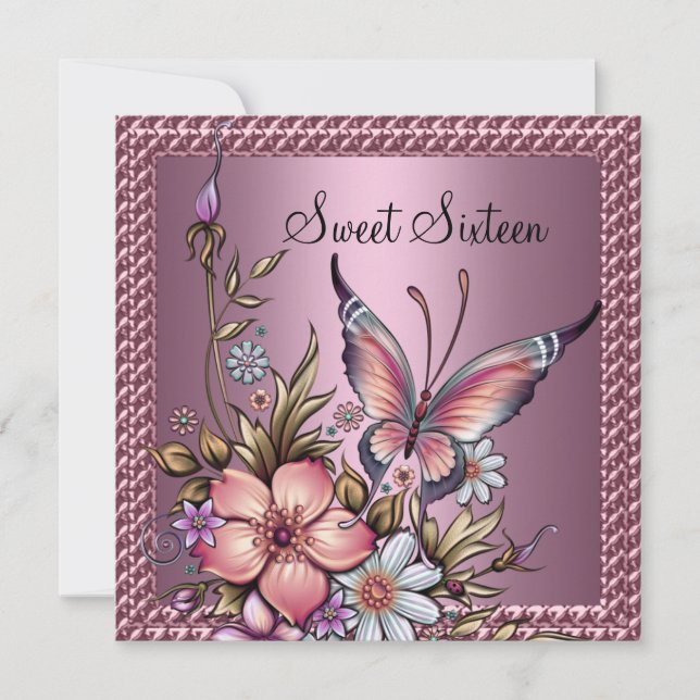 Sweet 16 Birthday Elegant Blommigt Butterfly Rosa Inbjudningar (Framsida)