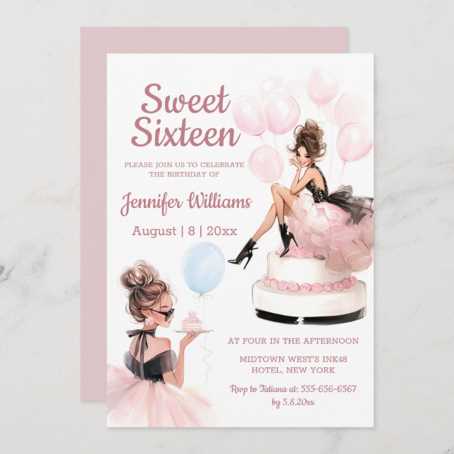 sweet 16 birthday girl pink party invitation  anteckningskort (Fram/baksida)