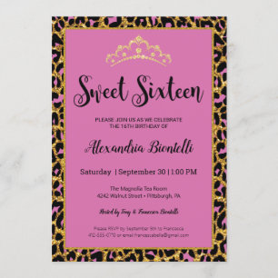 Sweet 16 Birthday Girly Rosa Leopard Guld Glitter Inbjudningar