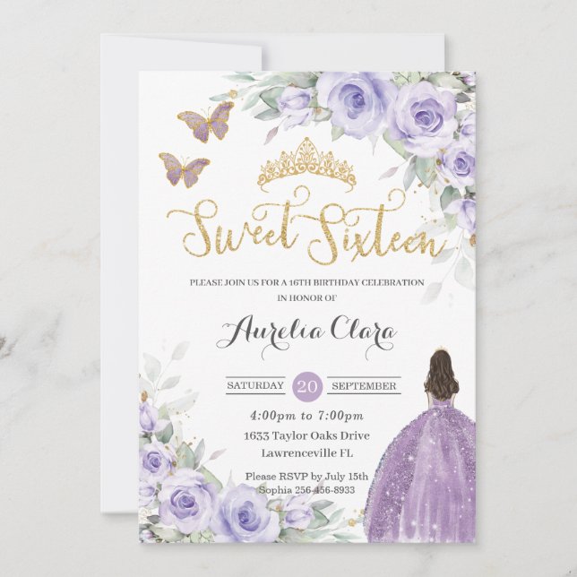 Sweet 16 Birthday Lila Lavender Blommigt Princess Inbjudningar (Framsida)
