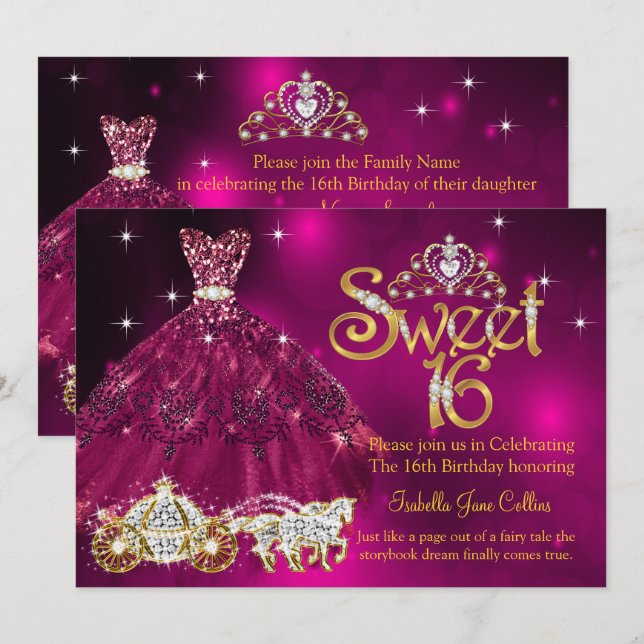 Sweet 16 Birthday plum Rosa Dress Tiara Carriage Inbjudningar (Fram/baksida)